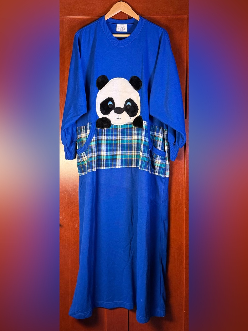 Vintage 80s Beth Michaels Panda Lounge Dress L Novelty Appliqué Plaid Blue